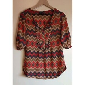 Angie Boho Geometric Blouse Small Western Print Split Sleeve Stud Detail Artsy